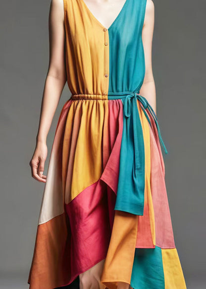 Colorblock V Neck Patchwork Cotton Cinched Dresses Summer