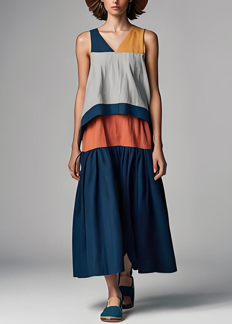 Colorblock V Neck Patchwork Cotton Dresses Sleeveless