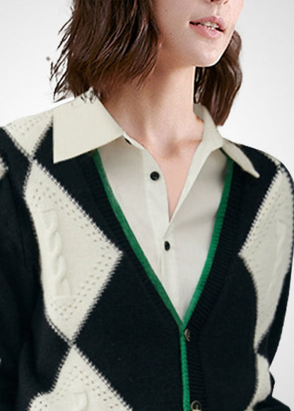 Colorblock V Neck Patchwork Plaid Wool Knit Cardigan Winter