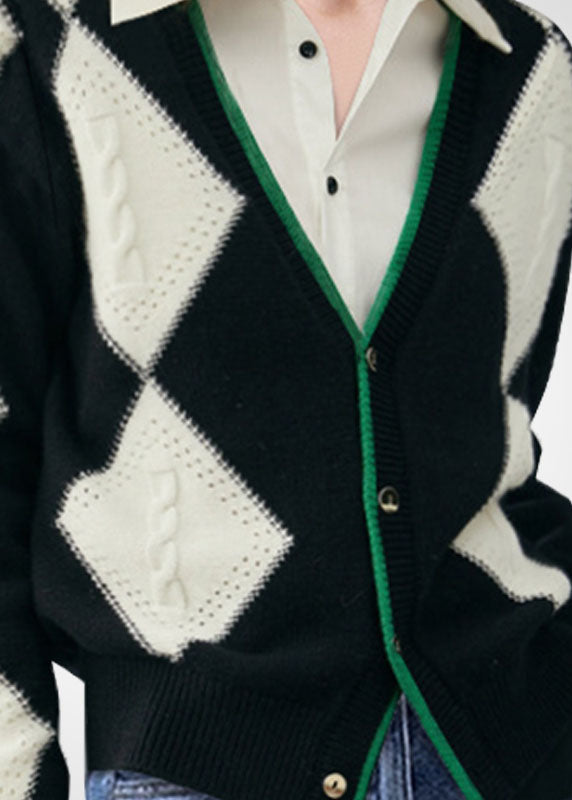 Colorblock V Neck Patchwork Plaid Wool Knit Cardigan Winter