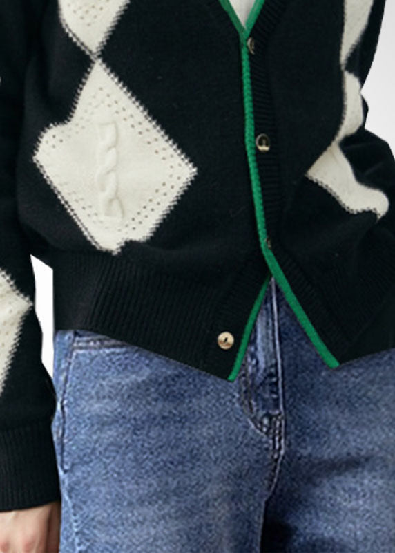 Colorblock V Neck Patchwork Plaid Wool Knit Cardigan Winter