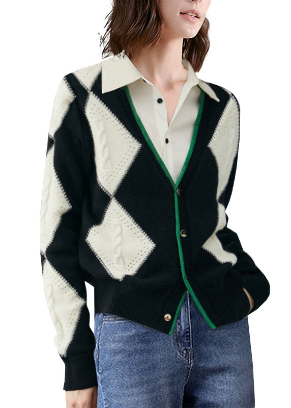 Colorblock V Neck Patchwork Plaid Wool Knit Cardigan Winter
