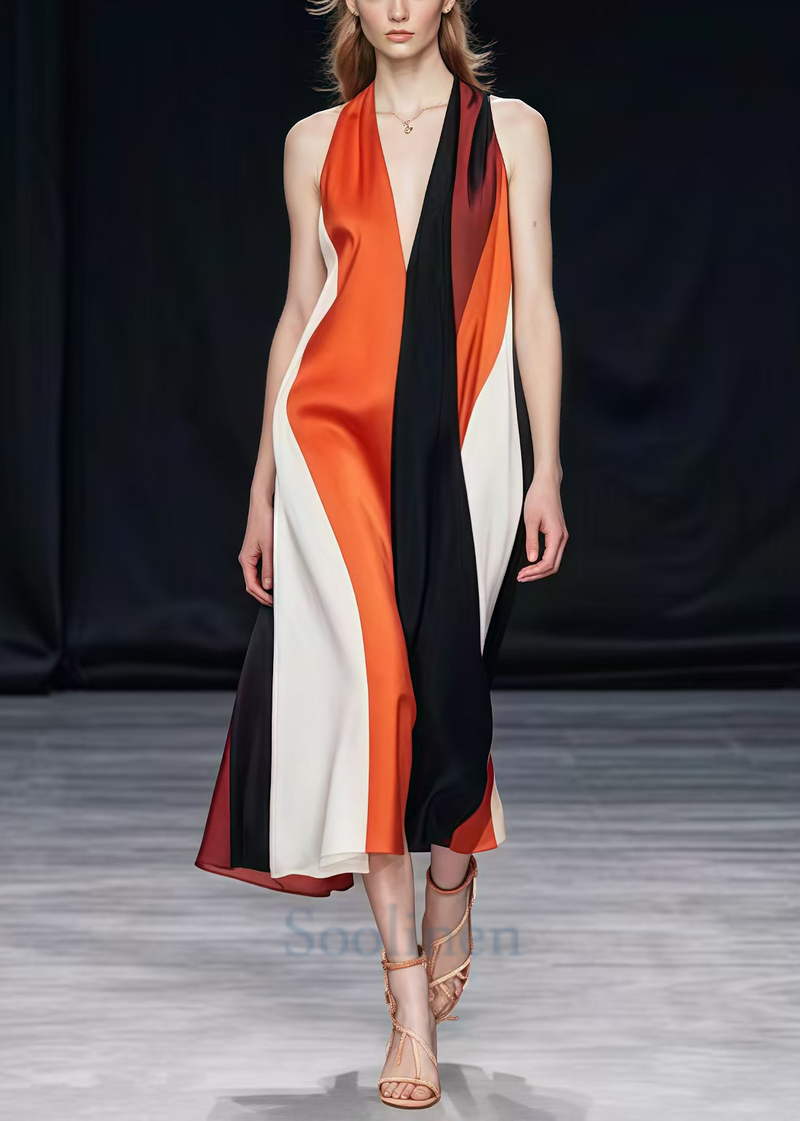 Colorblock V Neck Patchwork Silk Halter Dresses Summer