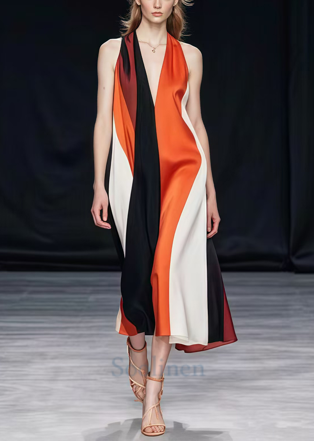 Colorblock V Neck Patchwork Silk Halter Dresses Summer