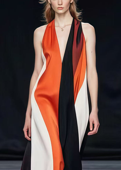 Colorblock V Neck Patchwork Silk Halter Dresses Summer