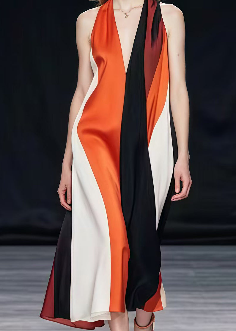 Colorblock V Neck Patchwork Silk Halter Dresses Summer