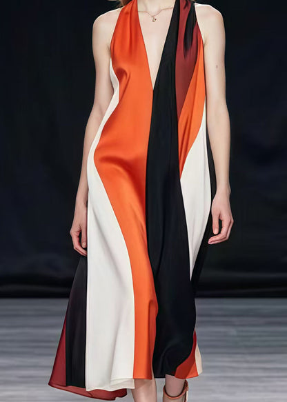 Colorblock V Neck Patchwork Silk Halter Dresses Summer