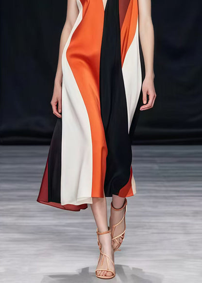 Colorblock V Neck Patchwork Silk Halter Dresses Summer