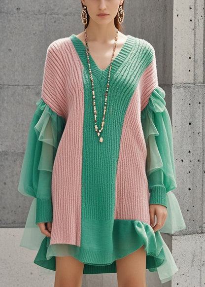 Colorblock V Neck Patchwork Tulle Knitwear Dress Fall
