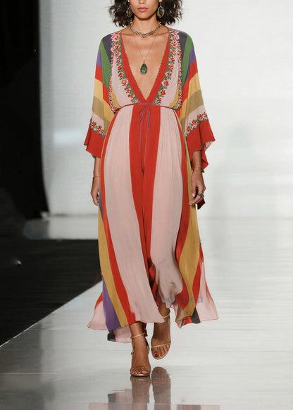 Colorblock V Neck Print Chiffon Holiday Dress Summer