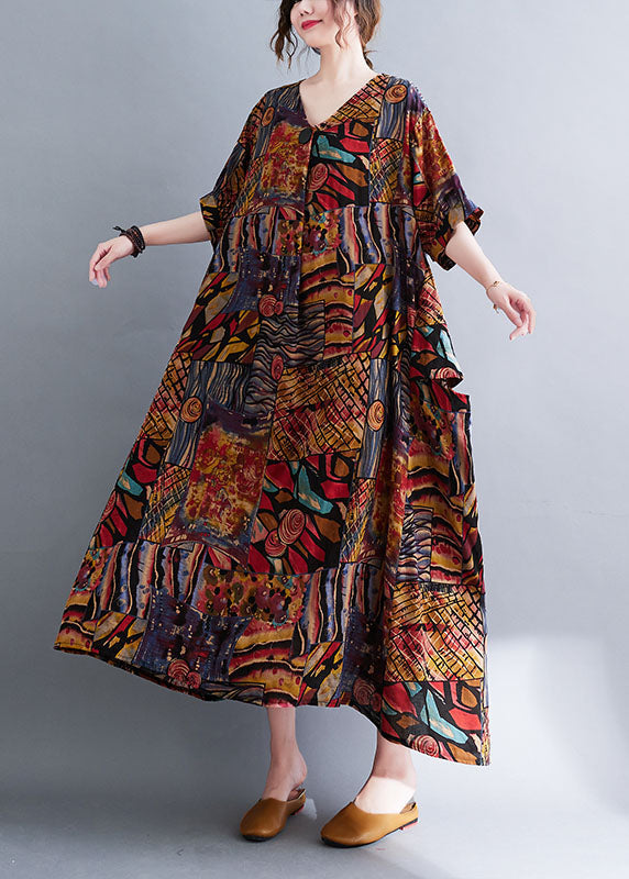 Colorblock V Neck Print Cotton Maxi Dresses Short Sleeve
