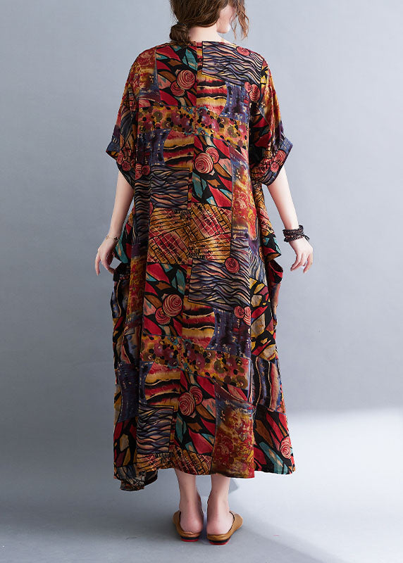 Colorblock V Neck Print Cotton Maxi Dresses Short Sleeve