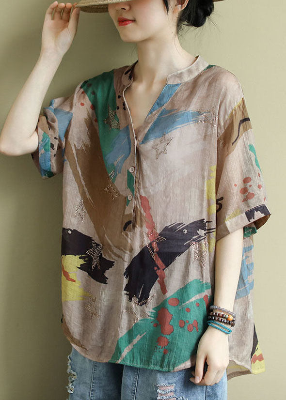 Colorblock V Neck Print Patchwork Cotton Shirts Top Summer