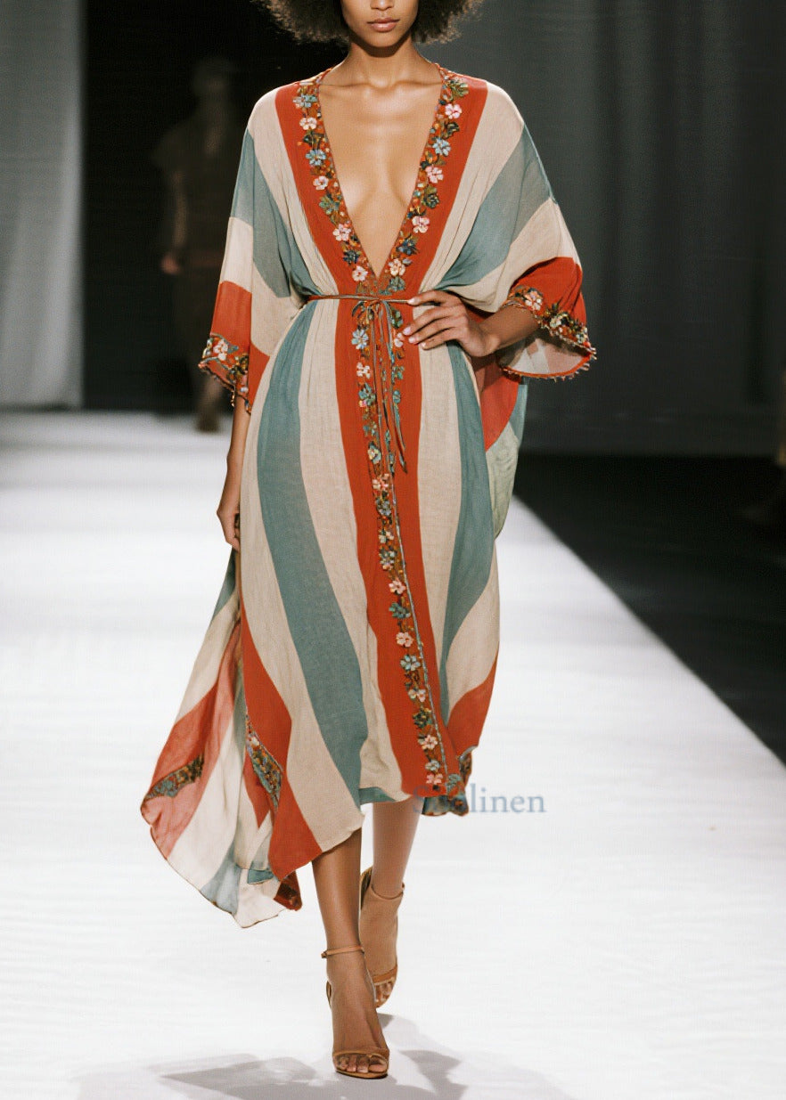 Colorblock V Neck Striped Cotton Tunic Dresses Summer