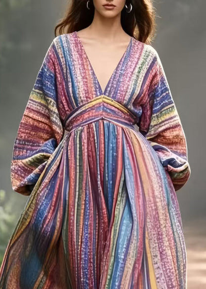 Colorblock V Neck Striped Cotton Vacation Dresses Spring