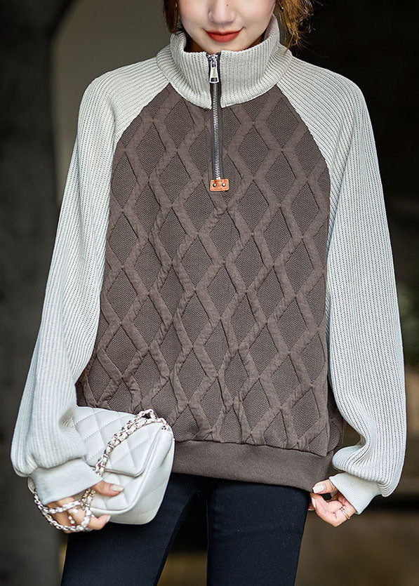 Colorblock Zip Up Knit Patchwork Cotton Sweatshirt Winter