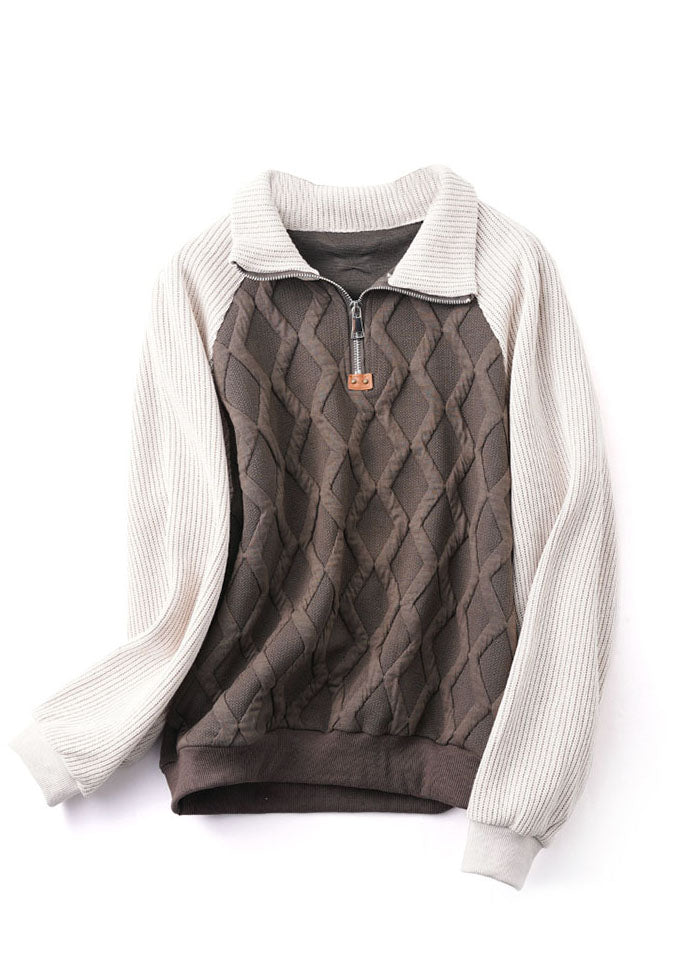 Colorblock Zip Up Knit Patchwork Cotton Sweatshirt Winter