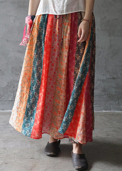 Colorblock Elastic Waist Drawstring Pocket Linen Skirts Spring