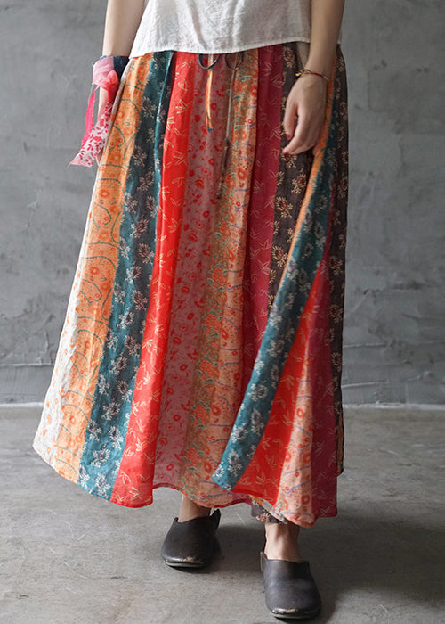 Colorblock Elastic Waist Drawstring Pocket Linen Skirts Spring