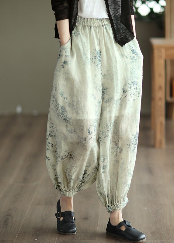 Cyan Pockets Print Linen Lantern Pants Summer