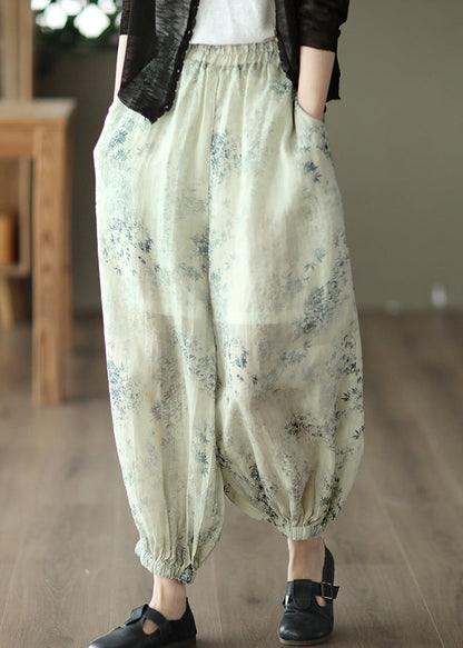 Cyan Pockets Print Linen Lantern Pants Summer
