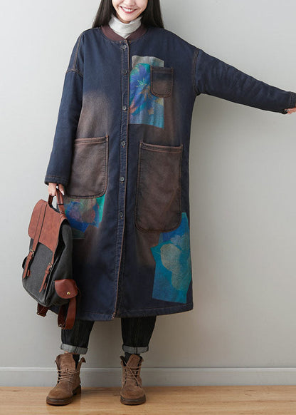 Dark Blue Patchwork Pockets Print Warm Fleece Outwear Winter