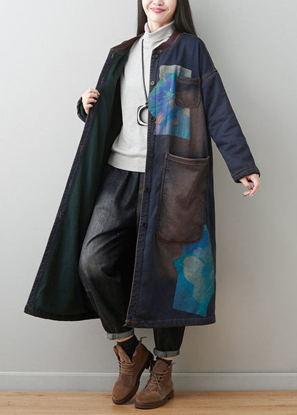Dark Blue Patchwork Pockets Print Warm Fleece Outwear Winter