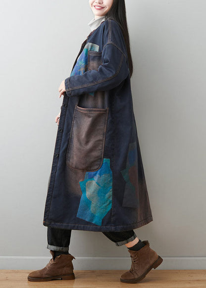 Dark Blue Patchwork Pockets Print Warm Fleece Outwear Winter