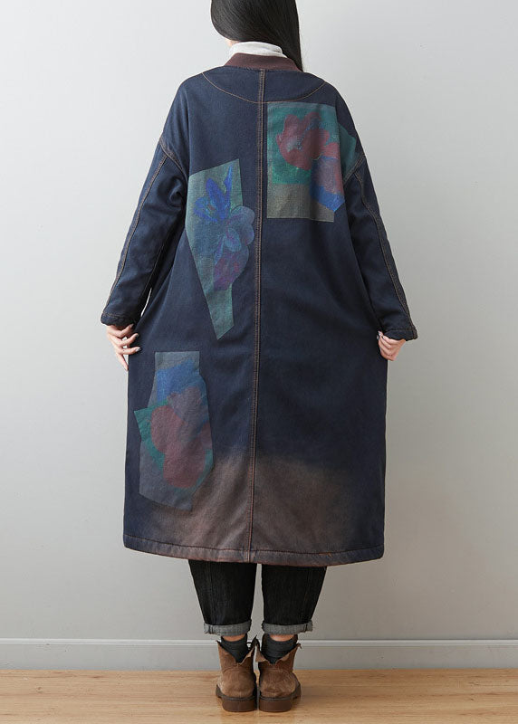 Dark Blue Patchwork Pockets Print Warm Fleece Outwear Winter