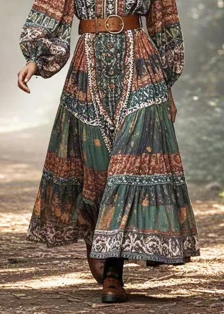 Dark Green Cinched Print Cotton Long Dress Spring