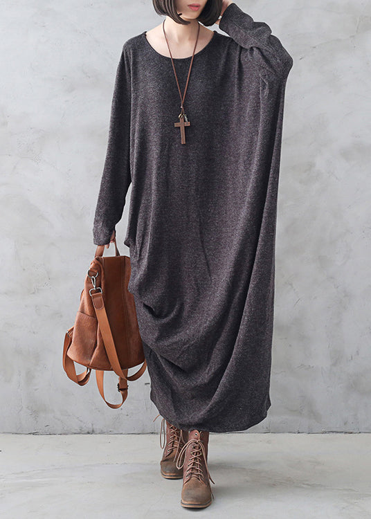 Dark Grey O-neck Asymmetrical Wool Knit Maxi Sweater Dress Fall
