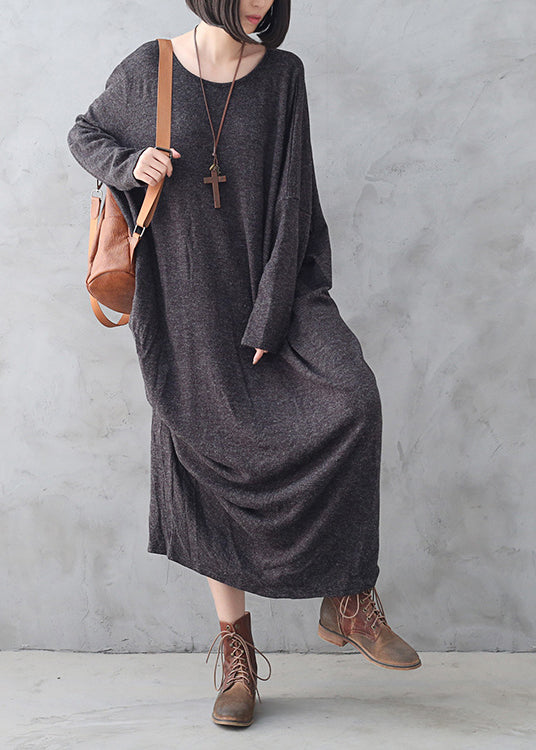 Dark Grey O-neck Asymmetrical Wool Knit Maxi Sweater Dress Fall