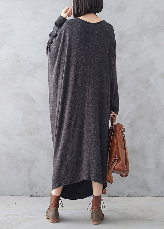 Dark Grey O-neck Asymmetrical Wool Knit Maxi Sweater Dress Fall