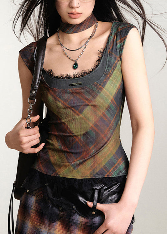 Dark Grey O-neck Print Lace Patchwork Vest Sleeveless