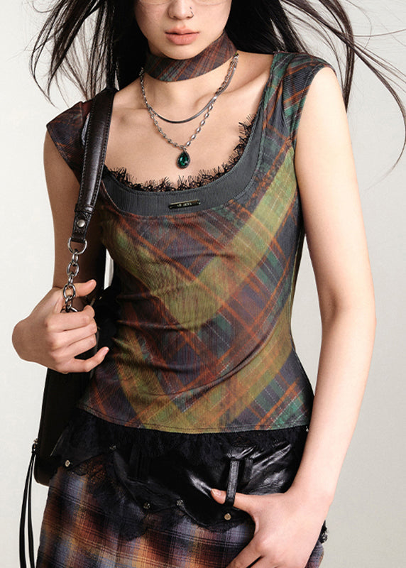 Dark Grey O-neck Print Lace Patchwork Vest Sleeveless
