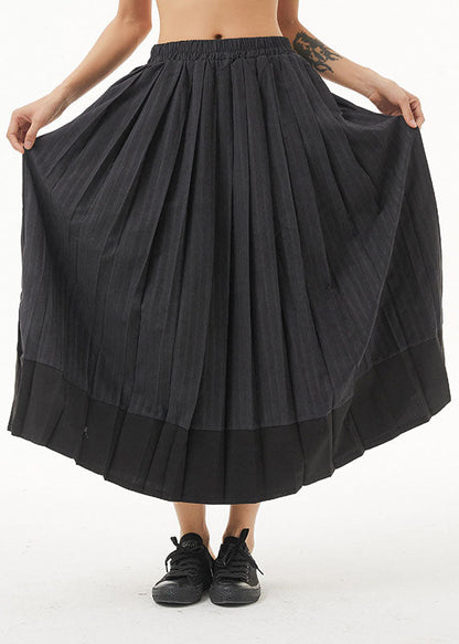Dark Grey Elastic Waist Patchwork Pleated Skirt Spring