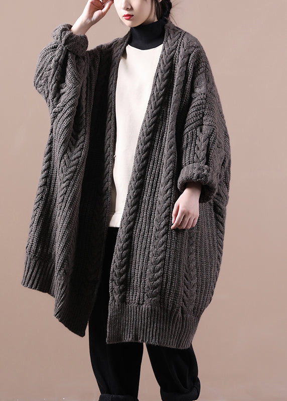 Dark Khaki V Neck Cable Knit Sweaters Coats Winter