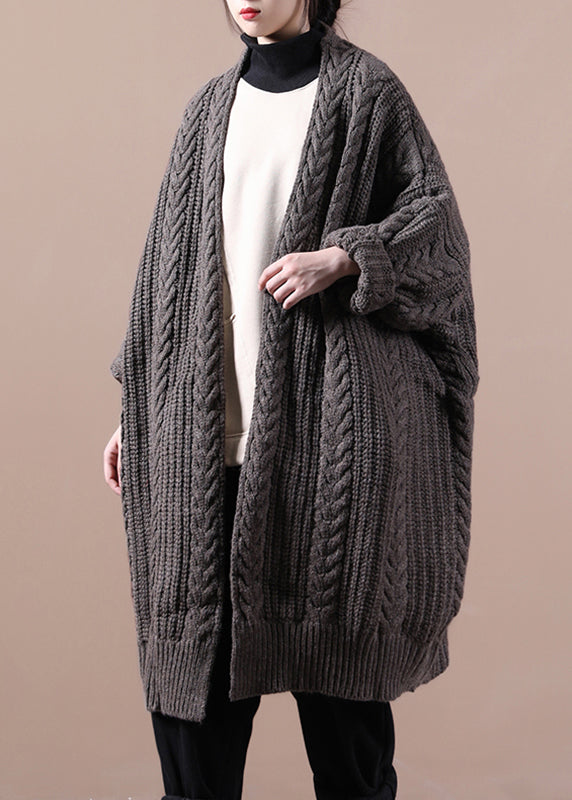 Dark Khaki V Neck Cable Knit Sweaters Coats Winter