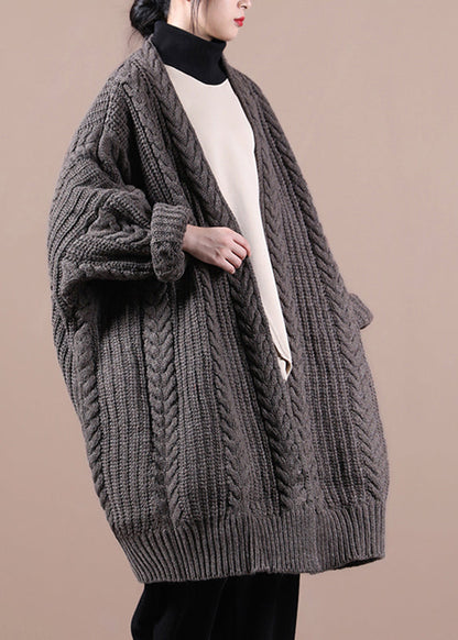 Dark Khaki V Neck Cable Knit Sweaters Coats Winter
