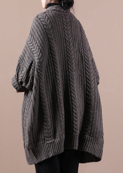 Dark Khaki V Neck Cable Knit Sweaters Coats Winter