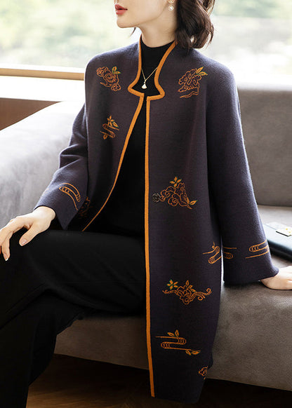 Dark Purple Stand Collar Embroideried Patchwork Wool Coats Fall