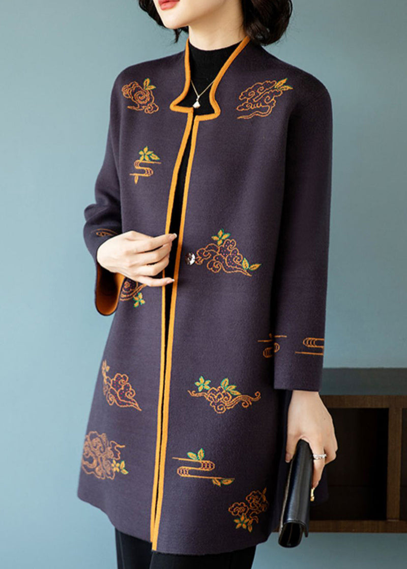 Dark Purple Stand Collar Embroideried Patchwork Wool Coats Fall