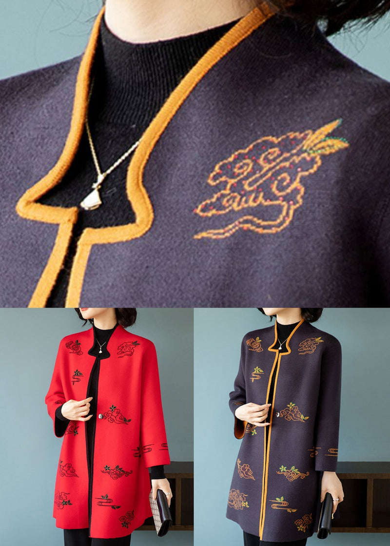 Dark Purple Stand Collar Embroideried Patchwork Wool Coats Fall