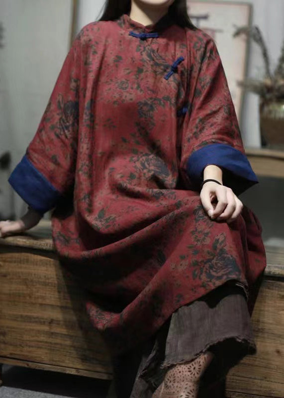 Dark Red Stand Collar Print Button Linen Gown Spring