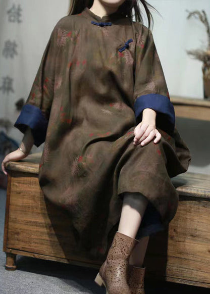 Dark Red Stand Collar Print Button Linen Gown Spring