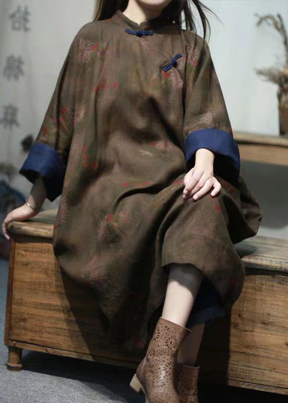 Dark Red Stand Collar Print Button Linen Gown Spring