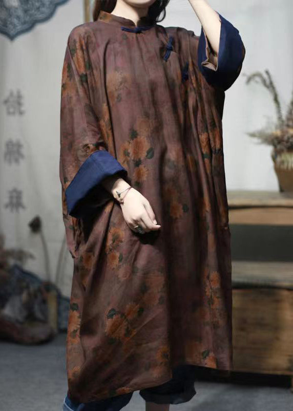 Dark Red Stand Collar Print Button Linen Gown Spring