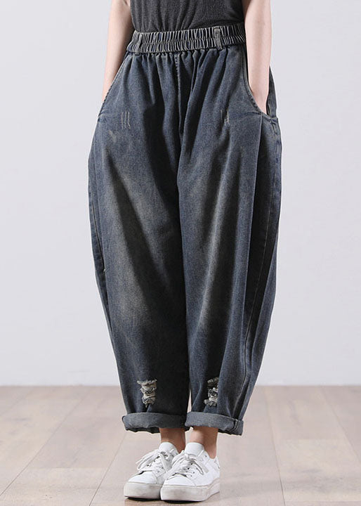 Denim Blue Elastic Waist Pockets Cotton Harem Pants Fall
