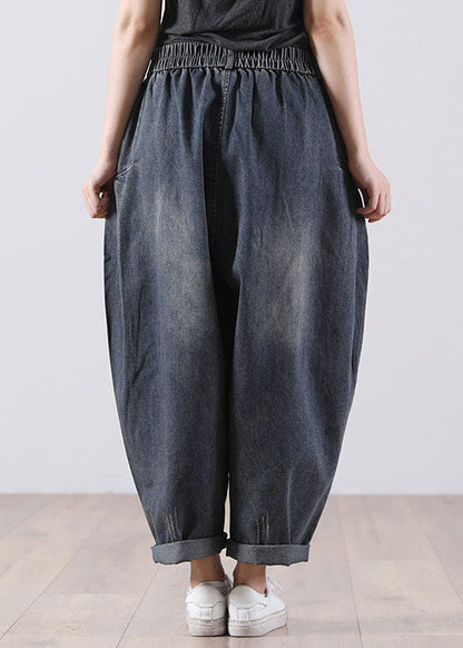 Denim Blue Elastic Waist Pockets Cotton Harem Pants Fall