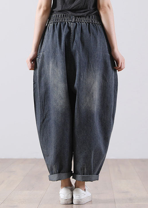 Denim Blue Elastic Waist Pockets Cotton Harem Pants Fall